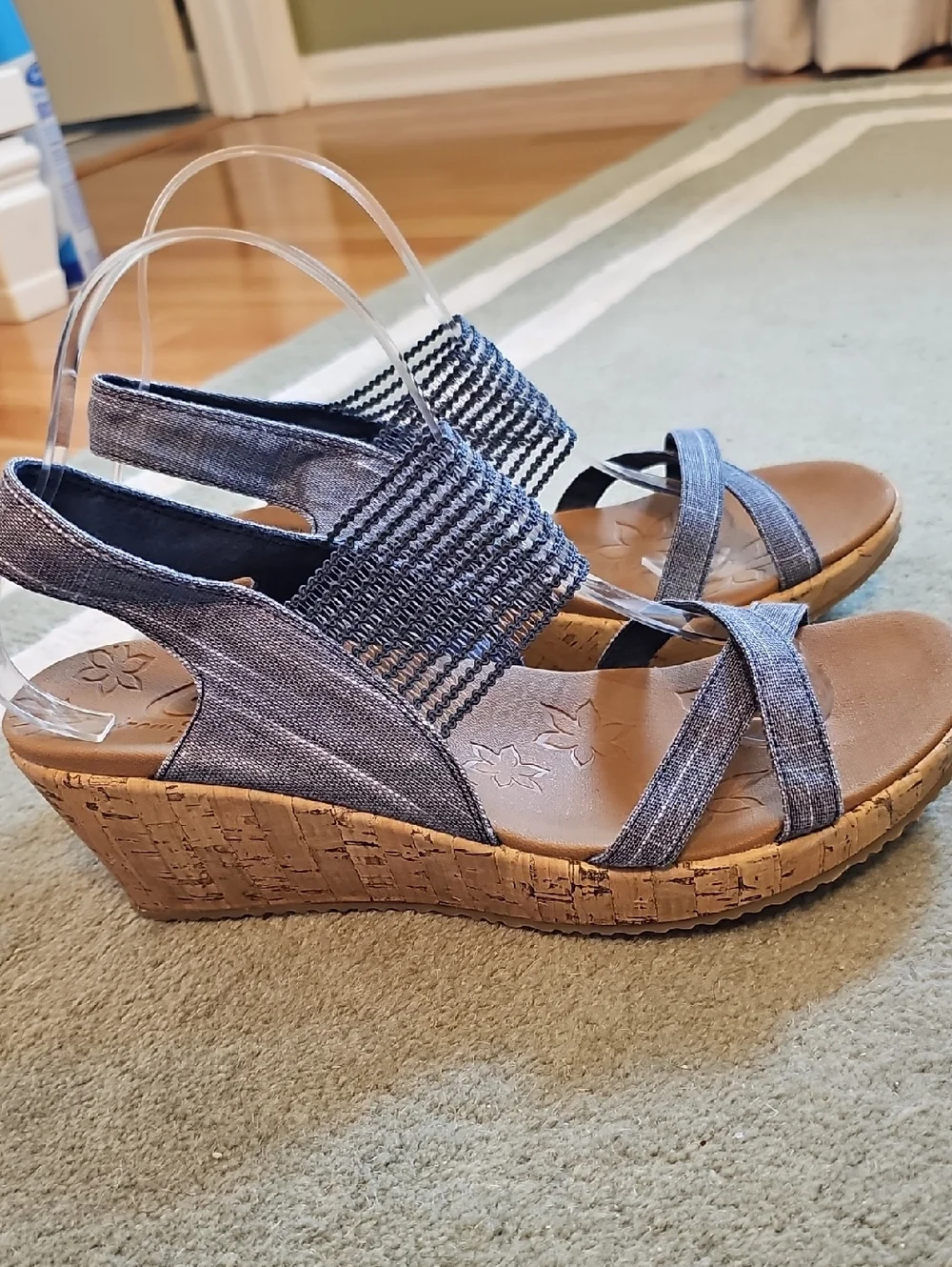Skechers Denim Blue Cork Wedge Slingback Sandals